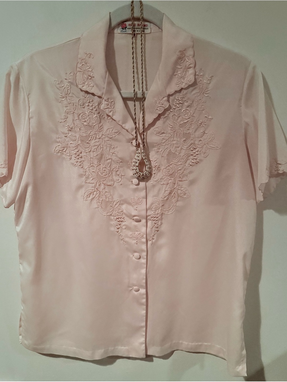 Vintage Rose Brand Pink Embroidered Blouse + Gold Tone Necklace + Garden Book